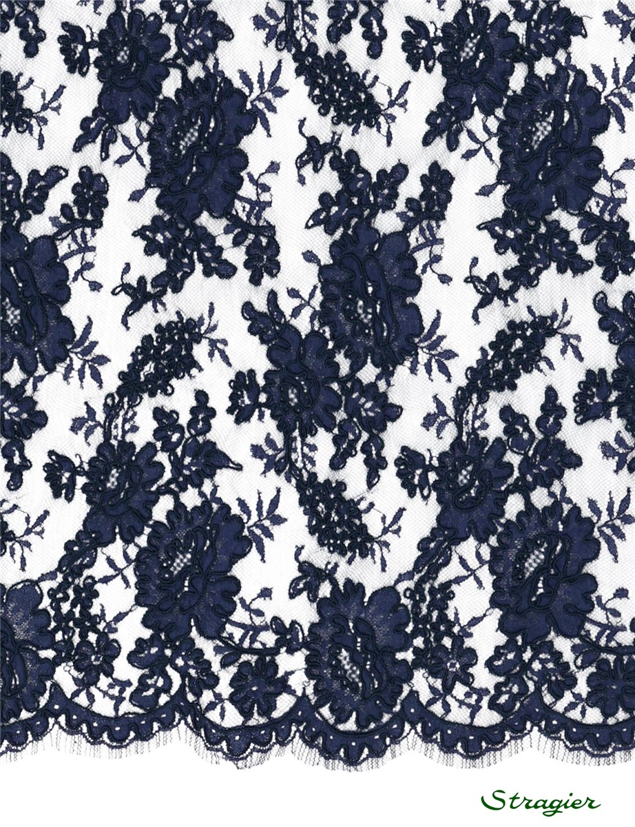 Dentelle de Calais brodée cordonnet - Donnella - Marine clair - 90 cm