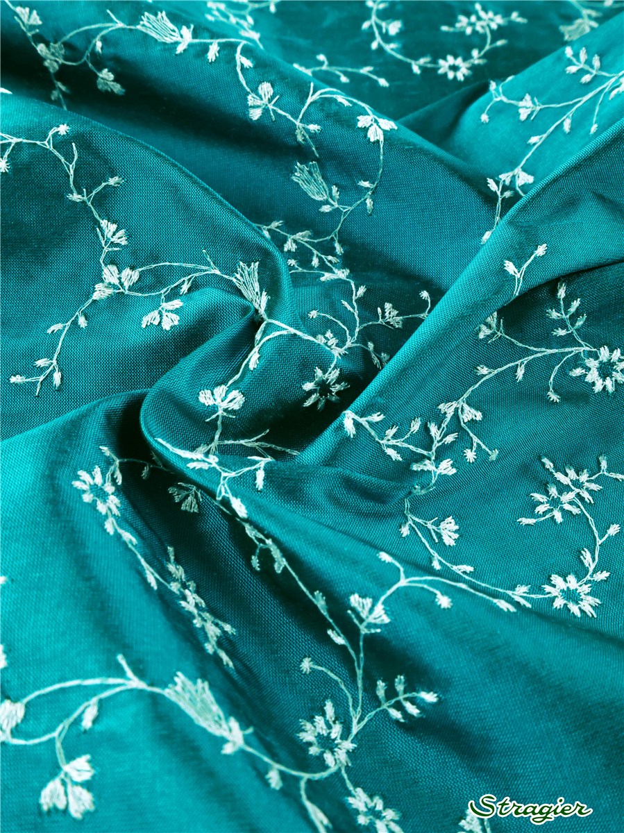 Embroidered Silk - Colibri - Aqua-Porcelaine