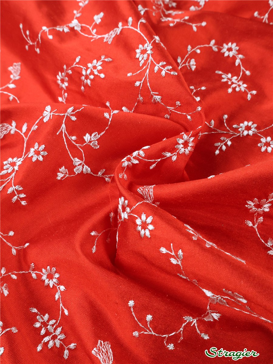 Embroidered Silk - Colibri - Vermillion-Porcelaine