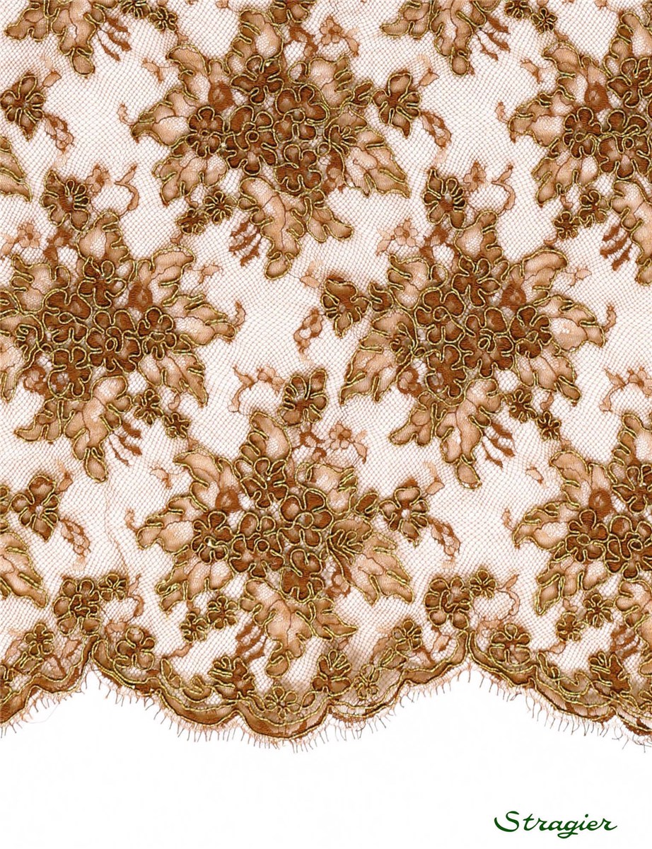 Calais Lace embroidered with a fine cord underlining - Oxalienne - Cognac - 90 cm