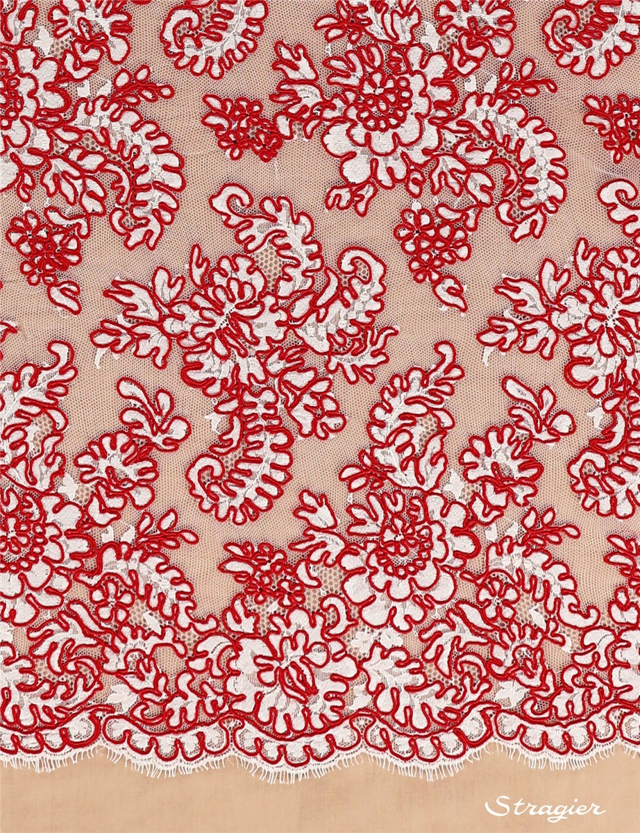 Dentelle de Calais brodée au Cordonnet - Adonie - Rubis-Blanc - 110 cm