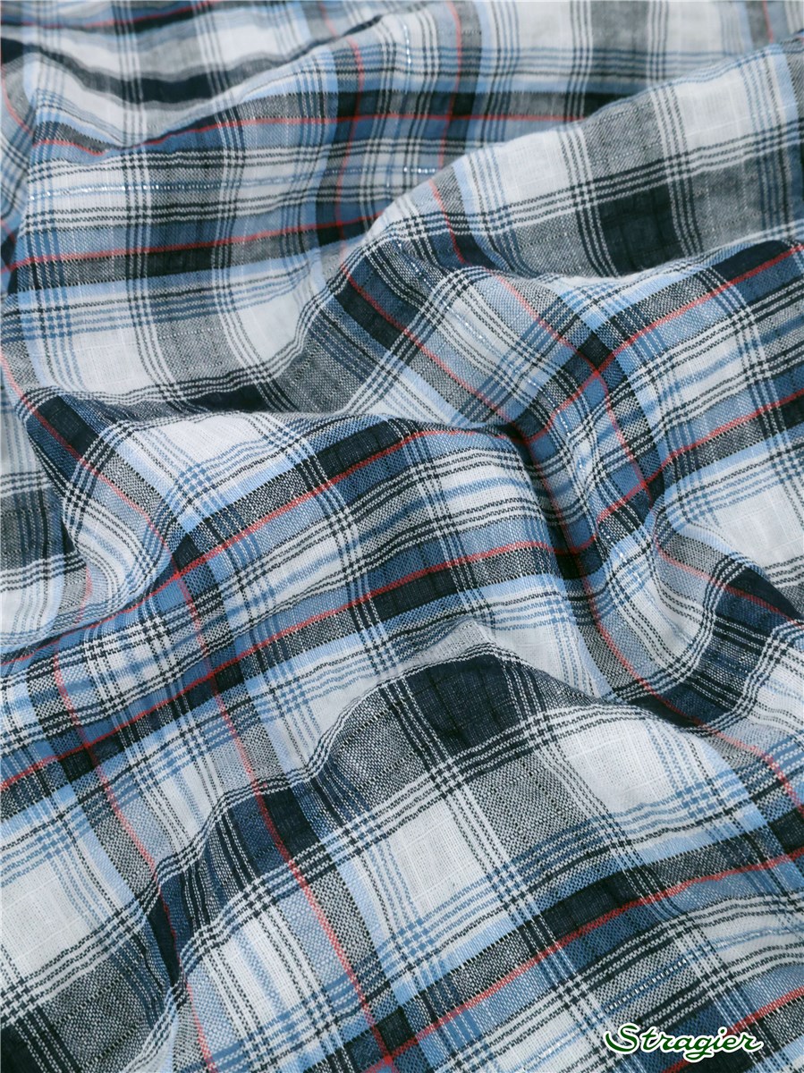 Voile de coton Seersucker - Carreaux - Marine-Indigo-Rouge