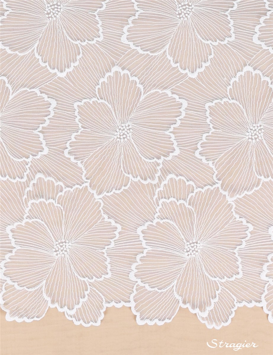 Broderie fine Coton sur tulle souple - Hibiscus - Porcelaine Stragier - 125 cm