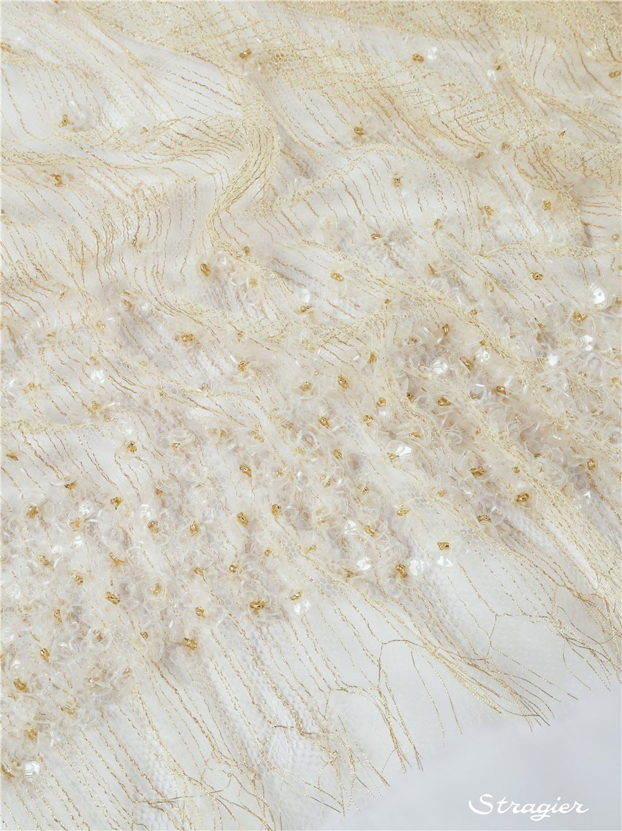 Dentelle Chantilly perlée - Cigale - Ivoire-Or Clair - 90 cm