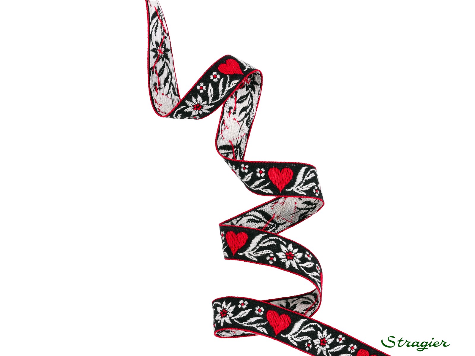 Woven Ribbon - Pure Cotton - Heart's Garden - Noir-Rouge - 15 mm