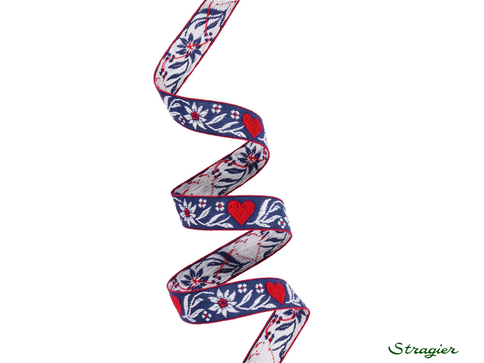 Woven Ribbon - Pure Cotton - Heart's Garden - Bleu-Rouge - 15 mm