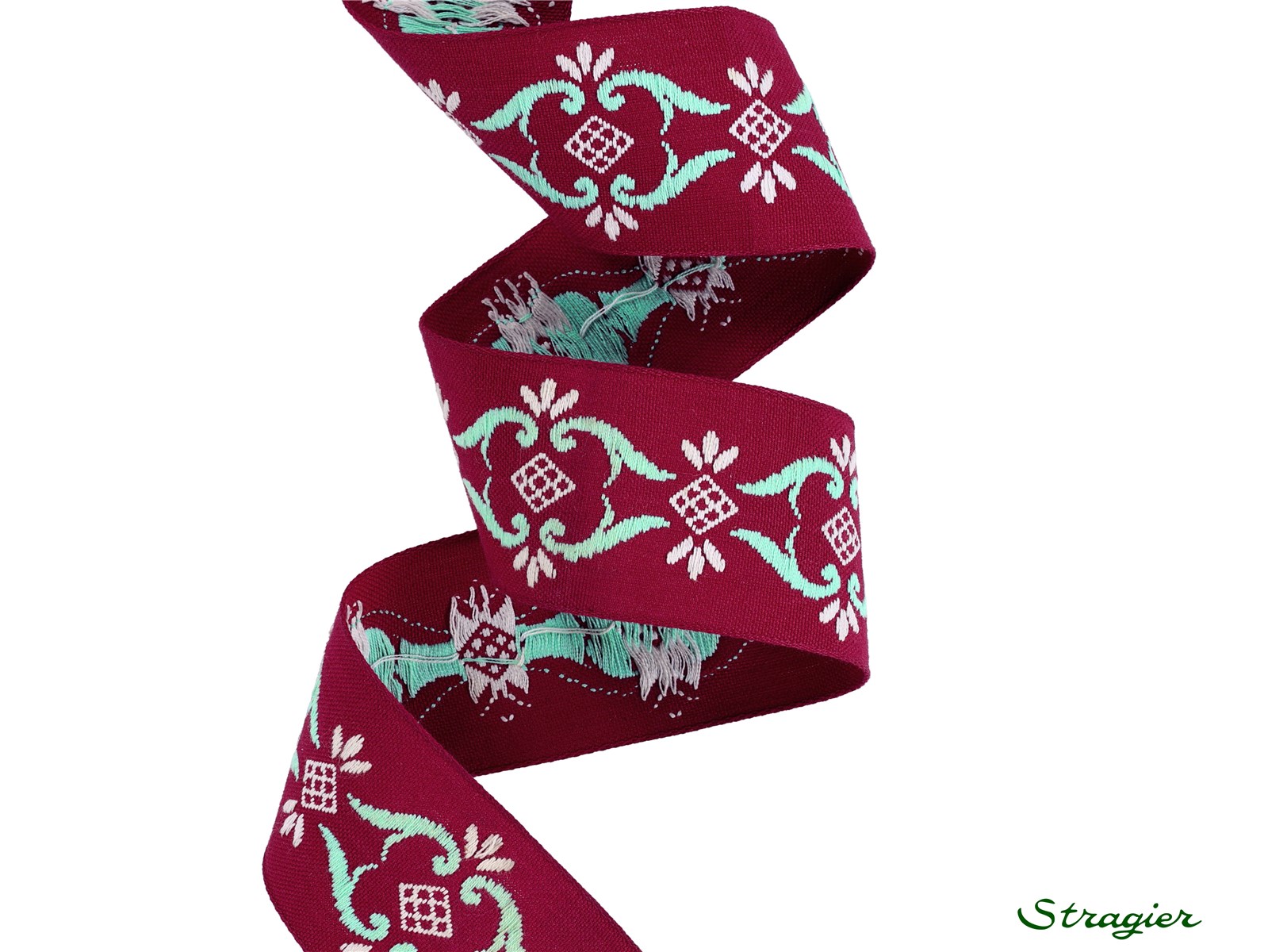 Woven Ribbon - Pure Cotton - Adam - Bordeaux-Vert d'eau - 38 mm