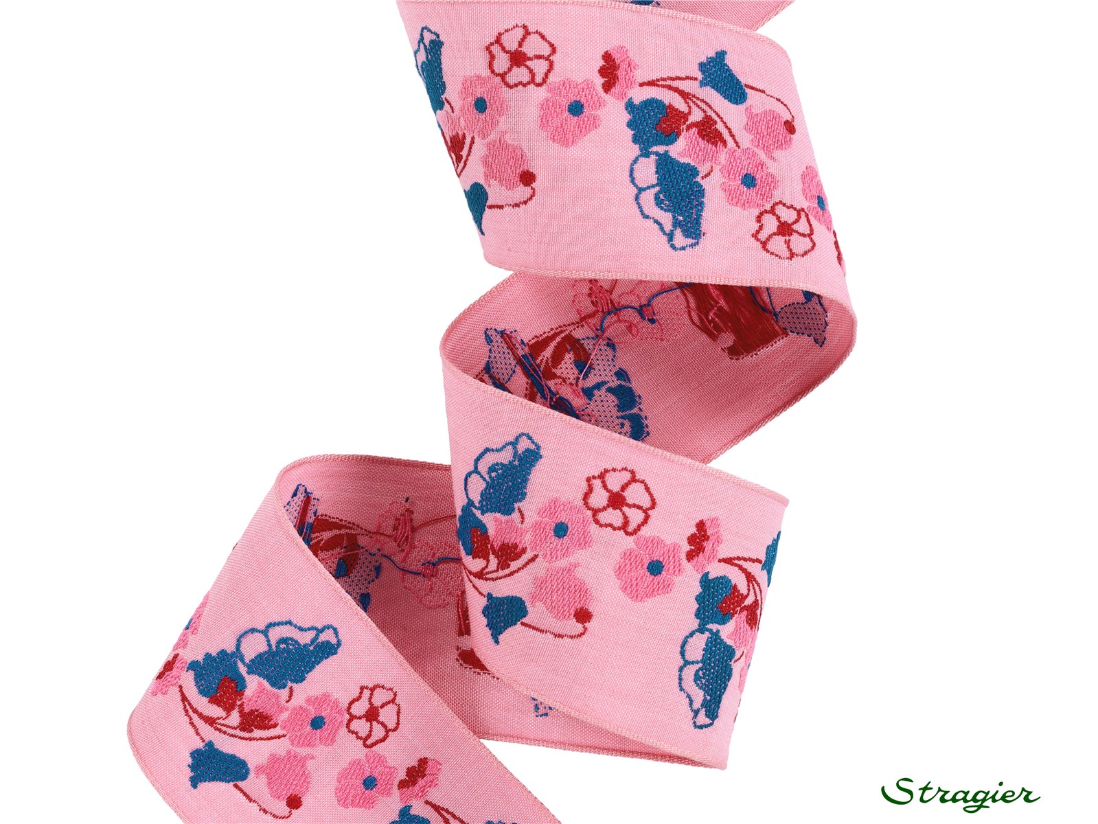 Woven Ribbon - Pure Cotton - Poppy - Rose-Bleu Canard - 48 mm