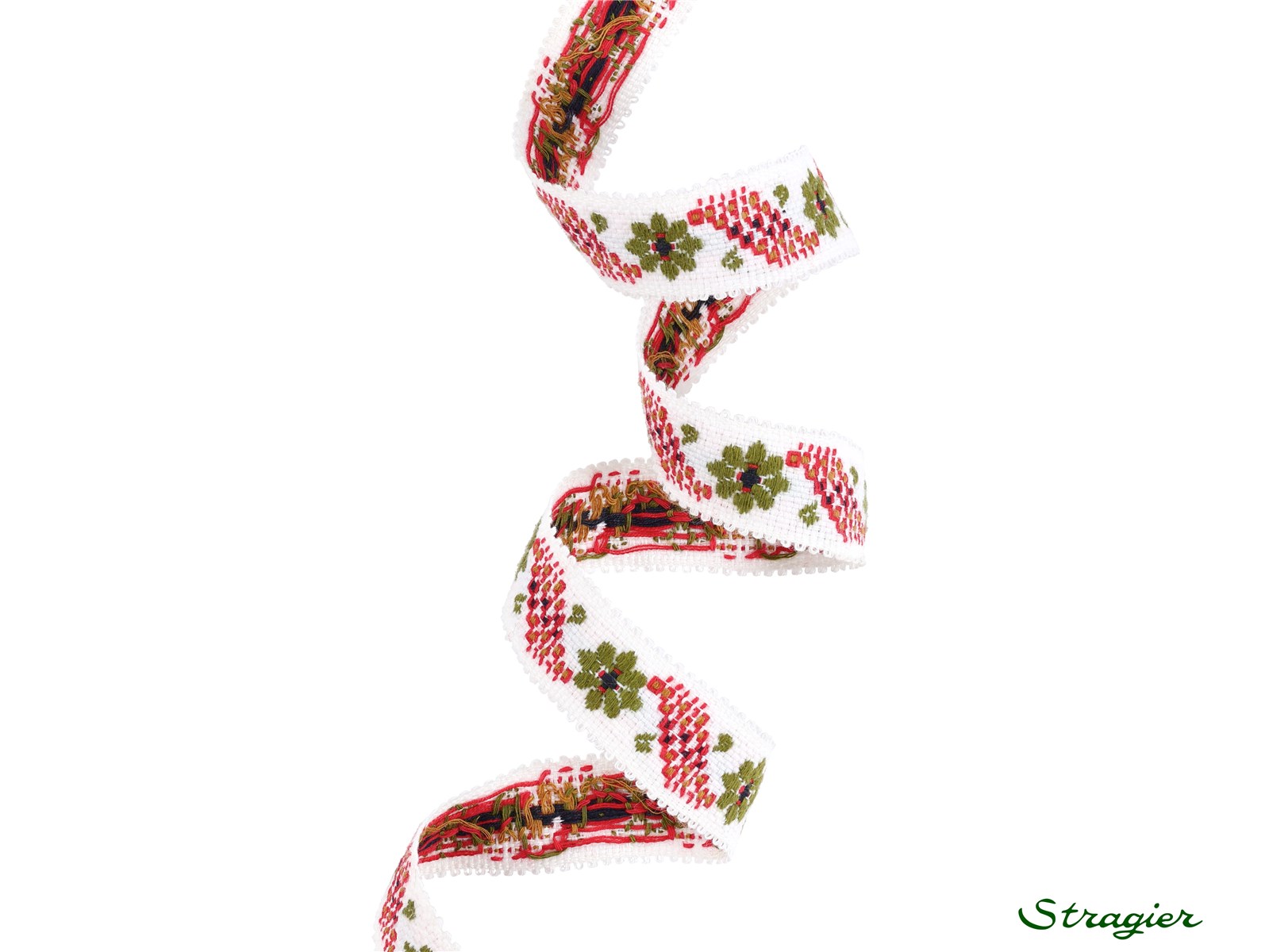 Woven Ribbon - Pure Cotton - Linz - Blanc-Rouge-Olive - 20 mm