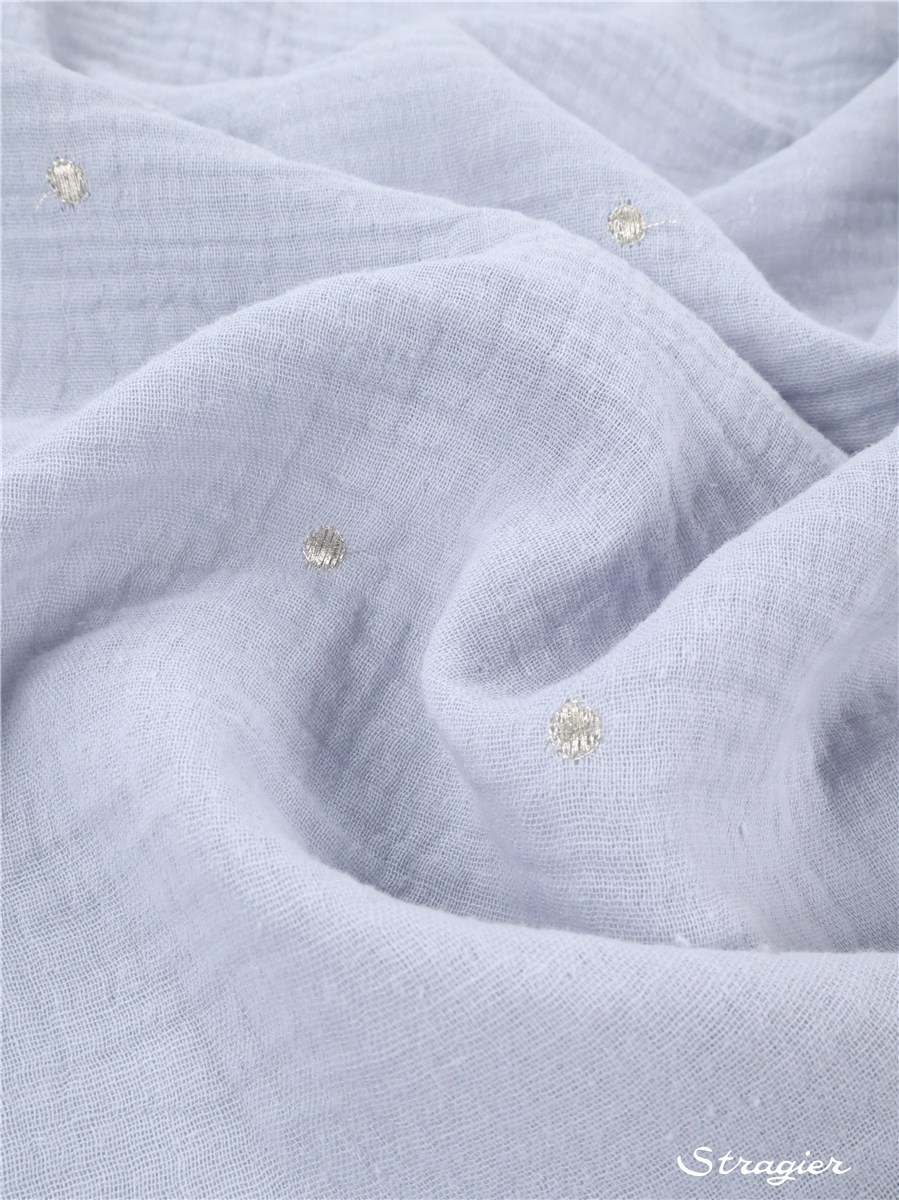 Double Gaze de coton brodée - Etincelles - Argent clair - Bleu Lavande clair 