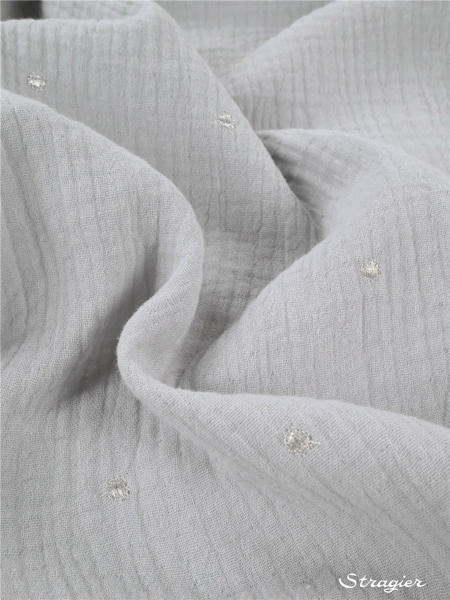 Double Gaze de coton brodée - Etincelles - Argent clair - Gris platine