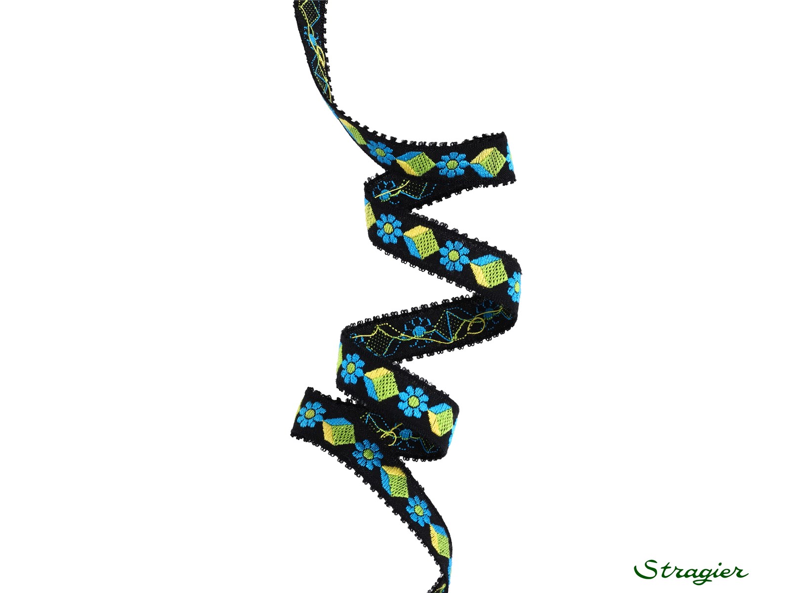 Galon Tissé pur Coton - Gabrielle - Noir-Vert-Turquoise - 12 mm