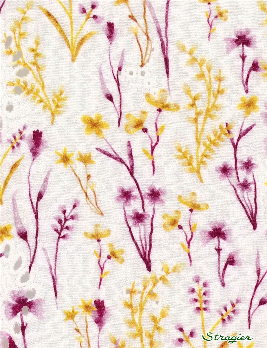 Embroidered Double Cotton Gauze - Molènes - Paille - Lie de vin