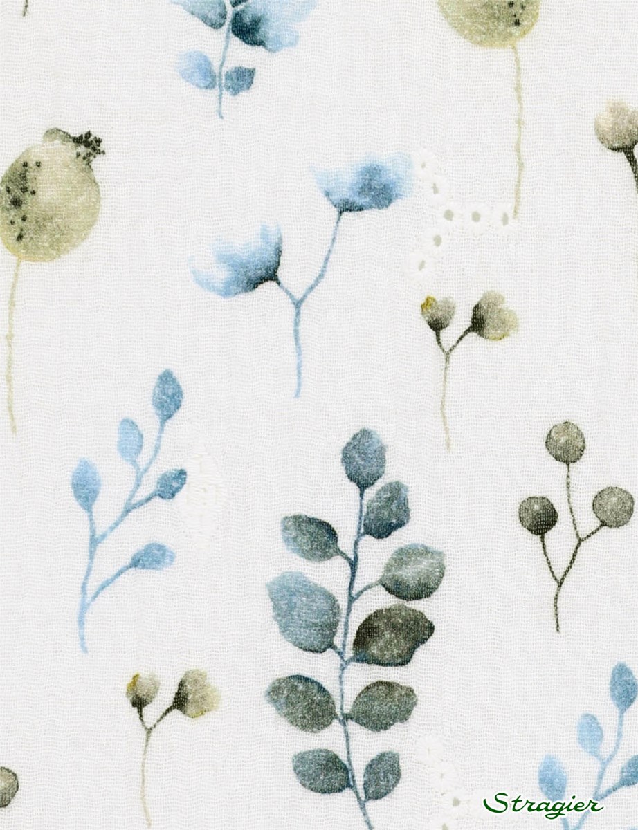 Double Gaze de Coton brodée - Sarments - Bleu délavé 