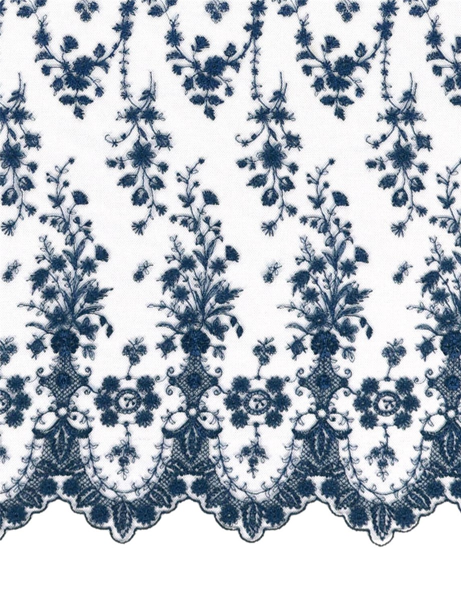 fine Embroidery on Sheer Tulle - Botticelli - Bleu Outremer - 130 cm