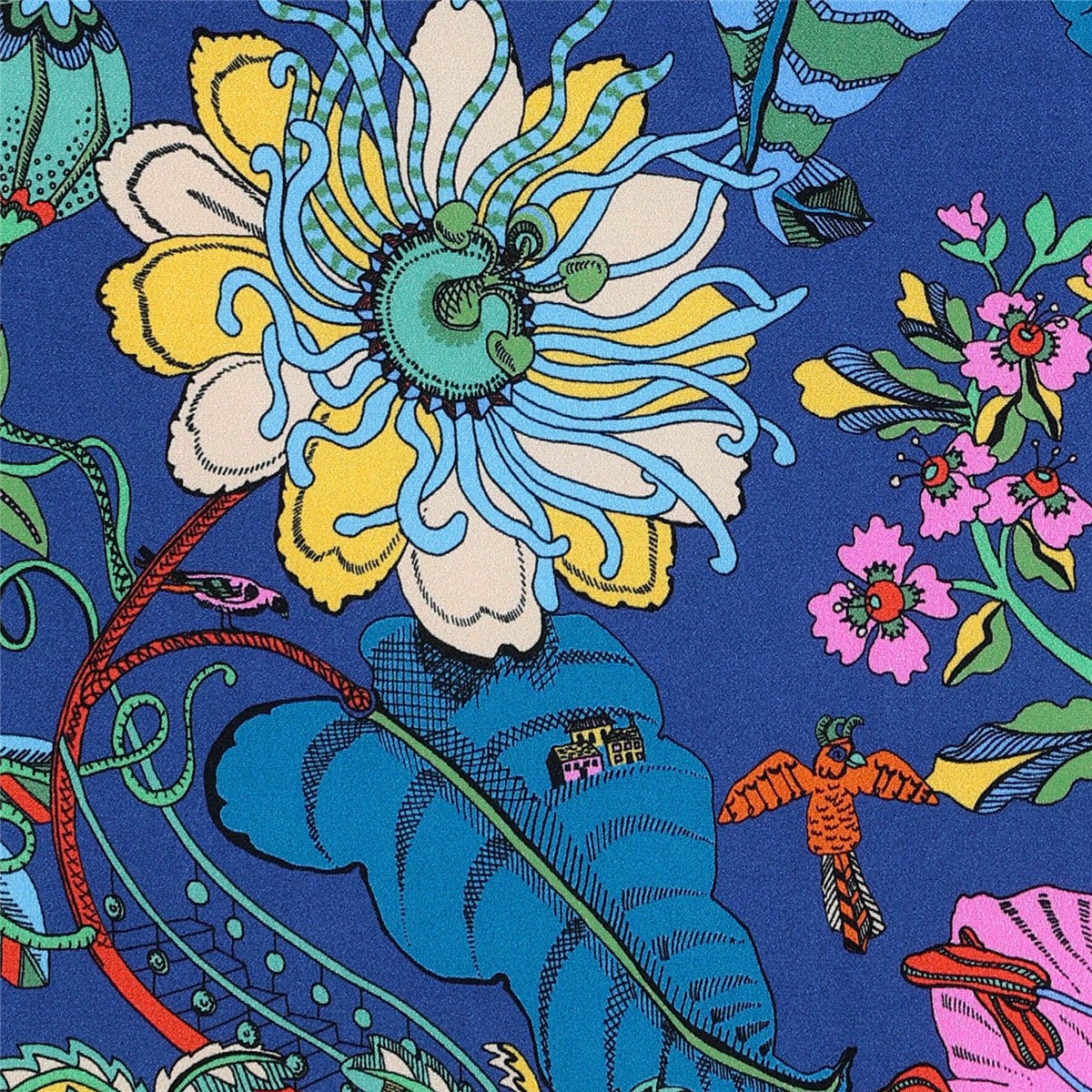 Crêpe de Chine en Soie Liberty - Fantasy Land - Bleu Océan 