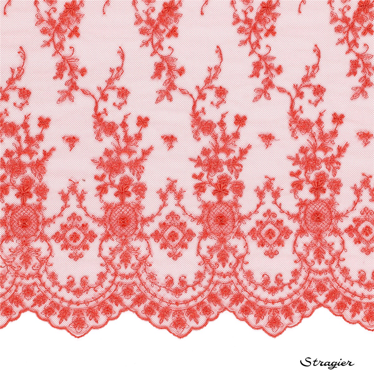 Broderie soyeuse sur tulle fin - Botticelli - Corail - 145 cm