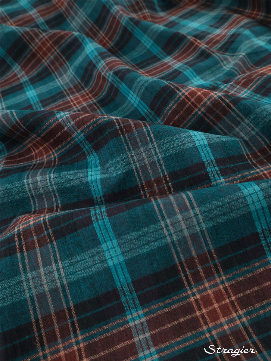 Pur Coton crépon - Tartan - Vert Canard-Cognac 