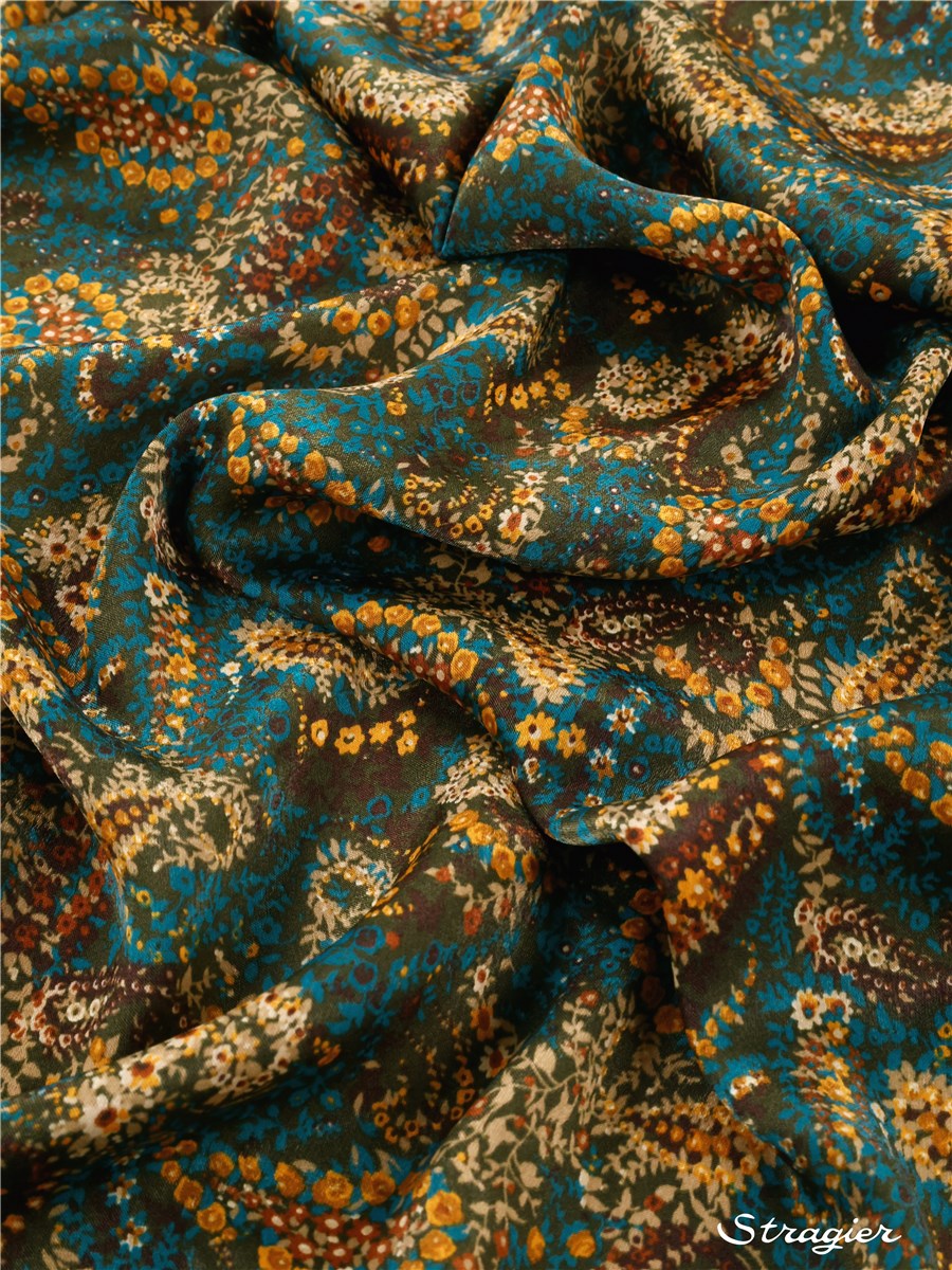 Satin léger infroissable - Katia's Paisley - Vert Canard - Camel 