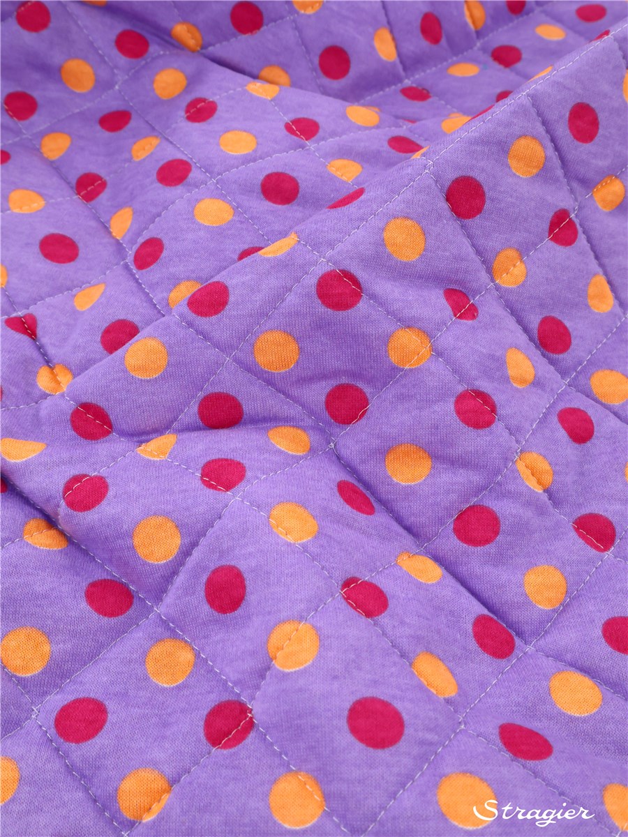 Jersey Matelassé - Pois 10mm - Orange-Fuchsia-Lilas - défaut plis marqué - Prix réduit