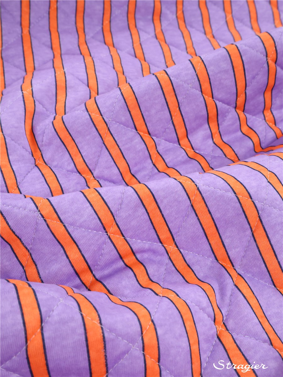Jersey Matelassé - Rayures 7-15mm - Orange-Lilas - défaut plis marqué - Prix réduit