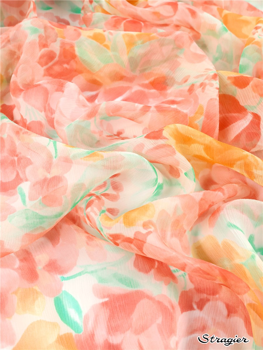 Mousseline de Soie Crépon - Camelia - Goyave
