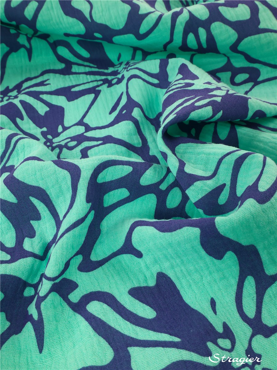Double Gaze de Coton imprimée - 013629 - Menthe-Myosotis 