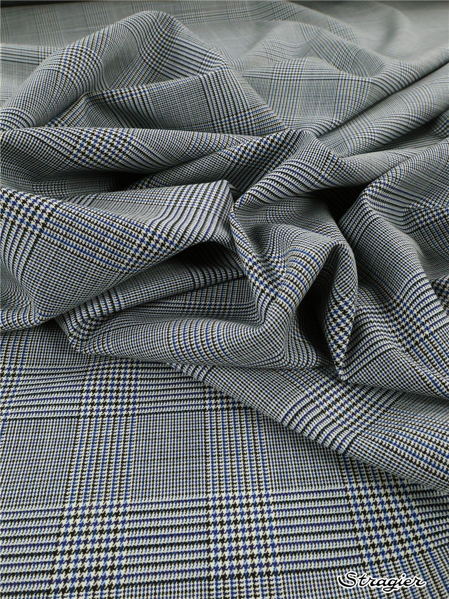 Tissu laine peignée pour tailleur - Prince de Galles - Noir-Cobalt-Blanc 