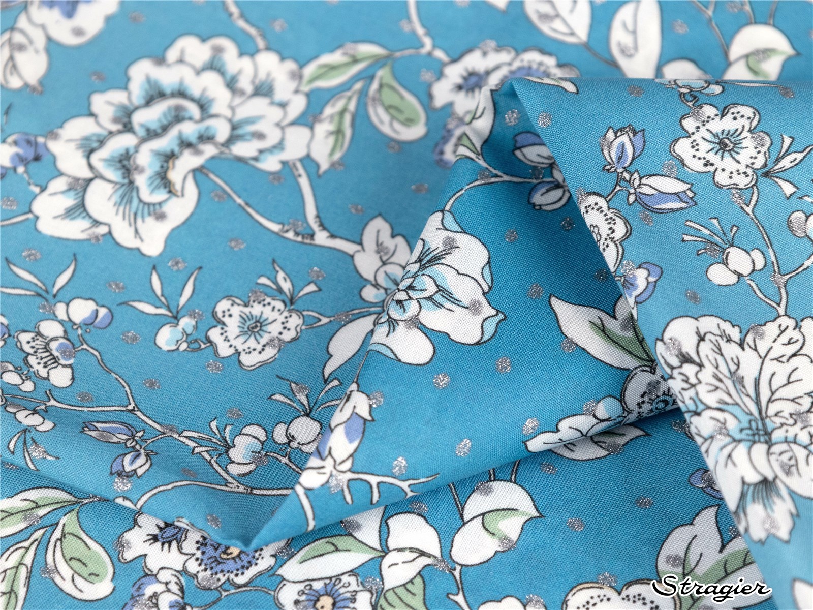 Liberty Tana Lawn - Ceremony Blooms - Azur plumetis Argent 