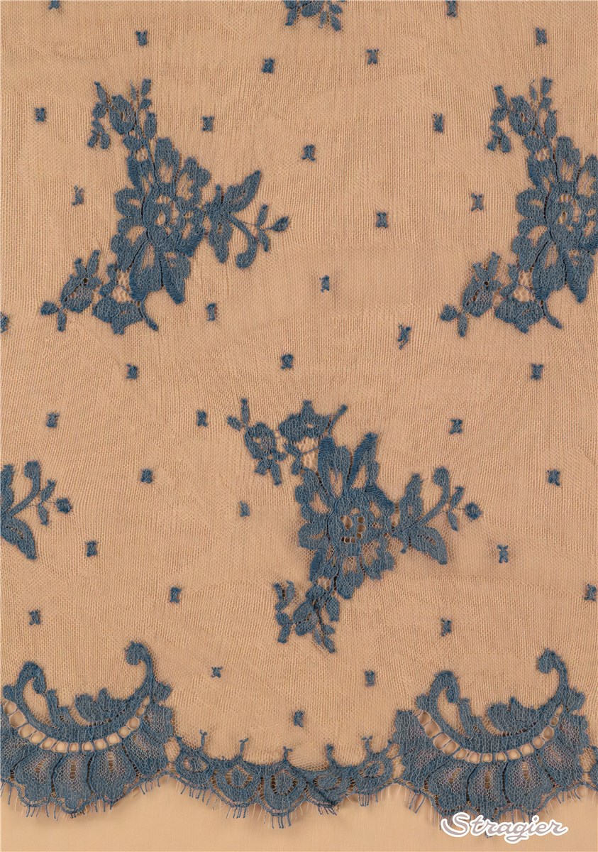 Dentelle de Calais - Ronsard - Bleu canard - beige - 150 cm